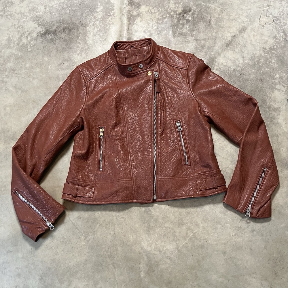 DEREK LAM 10 Crosby Lambskin Leather Moto Jacket‎ Womens Brown Cognac